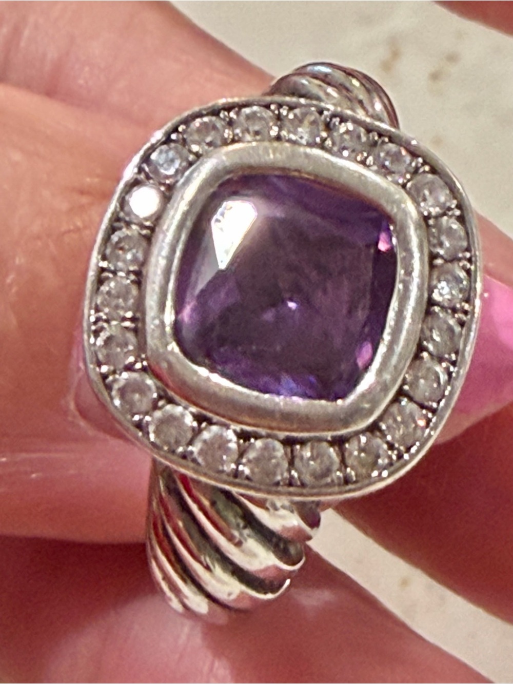 Sterling Silver Amethyst Halo Ring - Purple Center Stone Size 9